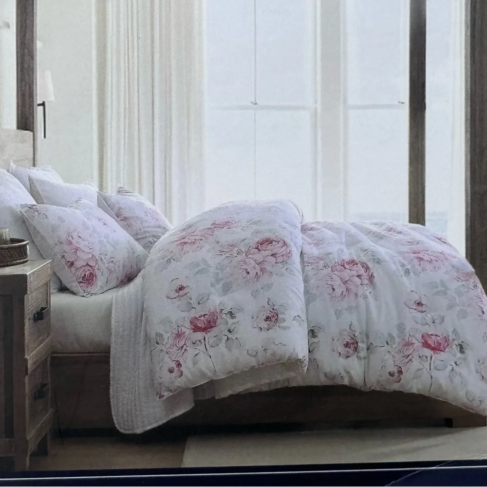 3pc Brooks Brothers Pink Roses Floral KING Duvet Sham Set Linen Cotton Blend NEW